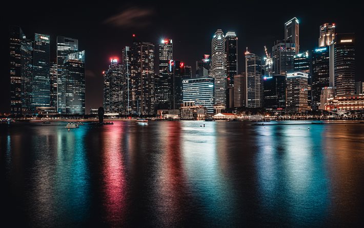 Singapore, y&#246;, kaupunkikuva, pilvenpiirt&#228;ji&#228;, moderneja rakennuksia, Singaporen taivaanrantaan, Singaporen tasavalta, Aasiassa