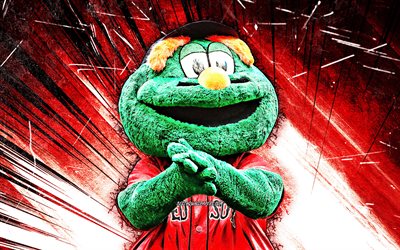 4k, Wally the Green Monster, grunge art, mascot, Boston Red Sox, baseball, MLB, USA, Boston Red Sox mascot, MLB mascots, official mascot, Wally the Green Monster mascot, Wally the Green Monster Red Sox