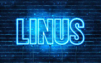 Linus, 4k, wallpapers with names, horizontal text, Linus name, Happy Birthday Linus, popular german male names, blue neon lights, picture with Linus name