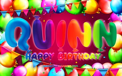 Happy Birthday Quinn, 4k, colorful balloon frame, Quinn name, purple background, Quinn Happy Birthday, Quinn Birthday, popular american female names, Birthday concept, Quinn