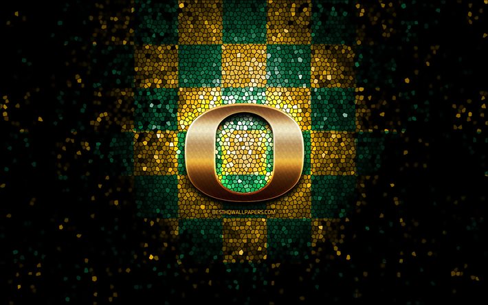 Oregon Ducks, glitter-logo, NCAA, keltainen vihre&#228; ruudullinen tausta, USA, amerikkalainen jalkapallo joukkue, Oregon Ducks-logo, mosaiikki taidetta, amerikkalainen jalkapallo, Amerikassa