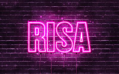 Skratt, 4k, tapeter med namn, kvinnliga namn, Risa namn, lila neon lights, Grattis P&#229; F&#246;delsedagen Risa, popul&#228;ra japanska kvinnliga namn, bild med Risa namn