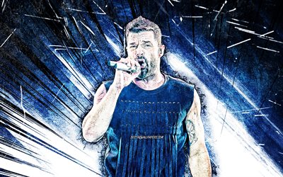 4k, Ricky Martin, grunge art, Puerto Rican laulaja, musiikin t&#228;hdet, luova, Enrique Martin Morales, sininen abstrakti-s&#228;teilt&#228;, amerikkalainen julkkis, Ricky Martin 4K