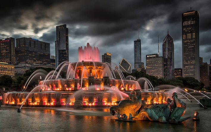 Buckingham Fountain, Chicago, Grant Park, evening, sunset, skyscrapers, modern buildings, Chicago cityscape, landmark, Illinois, USA