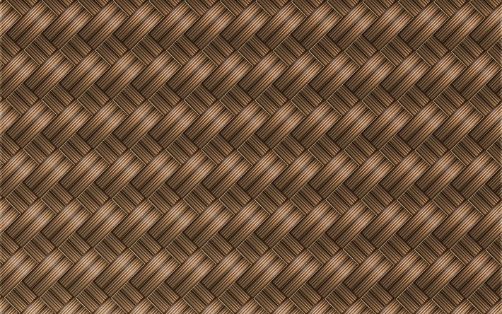 茶色の織物質感, 4k, マクロ, 茶色の網代背景, 網代, 木の背景, 木製の網代背景, 網代織, 茶色の背景