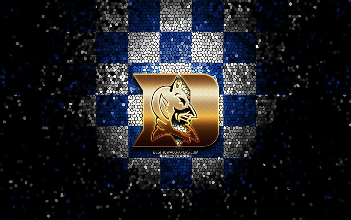 Duke Blue Devils, glitter logotyp, NCAA, bl&#229;-vit rutig bakgrund, USA, amerikansk fotboll, Duke Blue Devils logotyp, mosaik konst, Amerika