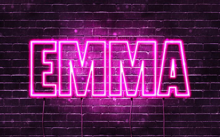 Emma, 4k, des fonds d&#39;&#233;cran avec des noms, des noms de femmes, Emma nom, violet n&#233;on, Joyeux Anniversaire Emma, populaire en allemagne, les noms de femmes, une photo avec le nom Emma