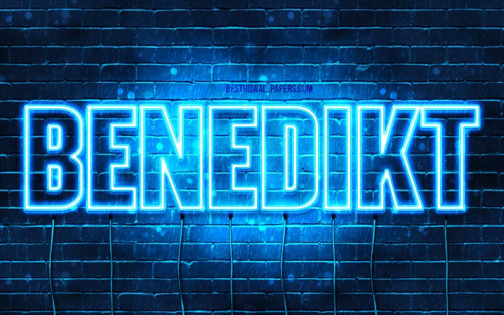Benedict, 4k, taustakuvia nimet, vaakasuuntainen teksti, Benedikt nimi, Hyv&#228;&#228; Syntym&#228;p&#228;iv&#228;&#228; Benedikt, suosittu saksalainen uros nimet, blue neon valot, kuva Benedikt nimi