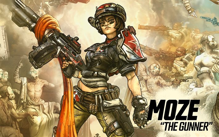 moze, der richtsch&#252;tze, borderlands 3, poster, promo-material, hauptfiguren, borderlands zeichen