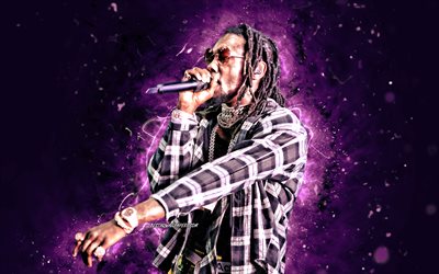 Offset, 2020, 4k, violet neon lights, american rapper, concert, music stars, creative, Migos, Offset with microphone, Kiari Kendrell Cephus, american celebrity, Offset 4K
