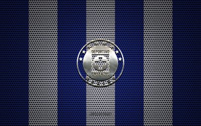 Cruz Azul logo, Mexican football club, metal emblem, blue white metal mesh background, Cruz Azul, Liga MX, Mexico City, Mexico, football