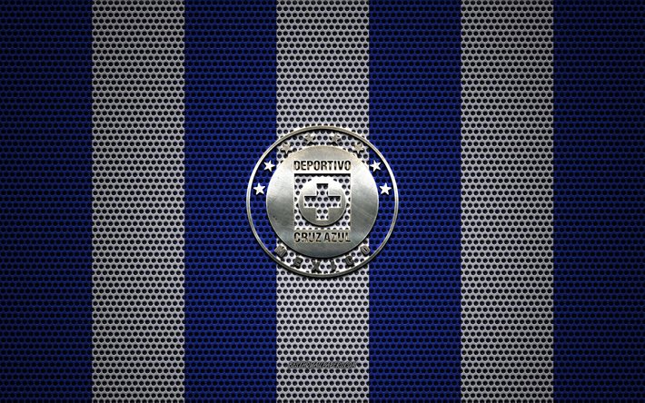 Cruz Azul logo, Mexican football club, metal emblem, blue white metal mesh background, Cruz Azul, Liga MX, Mexico City, Mexico, football