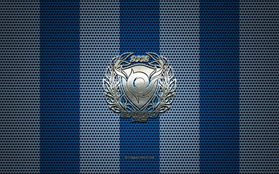 Daegu FC logo, South Korean football club, metal emblem, blue white metal mesh background, Daegu FC, K League 1, Daegu, South Korea, football