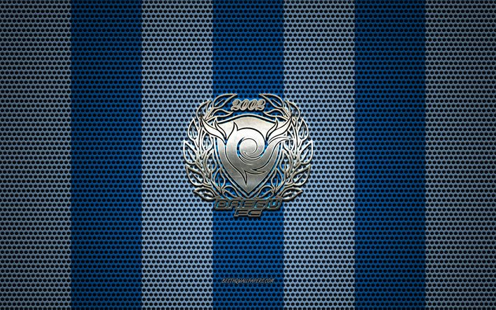 Daegu FC logo, Sud-cor&#233;en du club de football, embl&#232;me m&#233;tallique, bleu, blanc, maille en m&#233;tal d&#39;arri&#232;re-plan, Daegu FC, K de la Ligue 1, &#224; Daegu, en Cor&#233;e du Sud de football