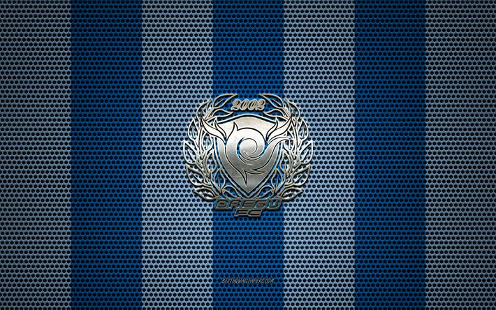 Daegu FC logo, South Korean football club, metal emblem, blue white metal mesh background, Daegu FC, K League 1, Daegu, South Korea, football