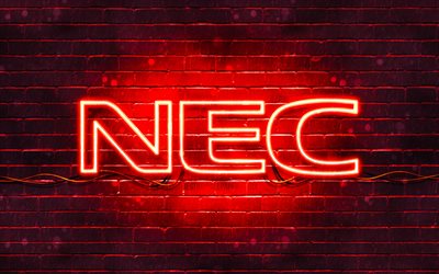 NEC red logo, 4k, red brickwall, NEC logo, brands, NEC neon logo, NEC