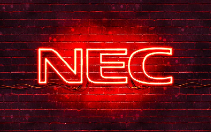 NEC red logo, 4k, red brickwall, NEC logo, brands, NEC neon logo, NEC