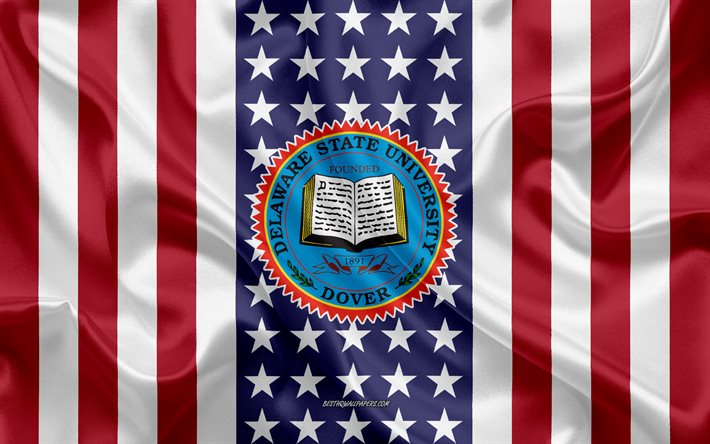 La Universidad Estatal de Delaware Emblema, Bandera Americana, la Universidad Estatal de Delaware logotipo, Dover, Delaware, estados UNIDOS, Emblema de la Universidad Estatal de Delaware