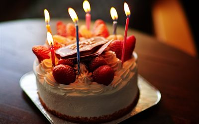 Birthday cake, strawberry cake, sweets, cake with candles, birthday background, cake
