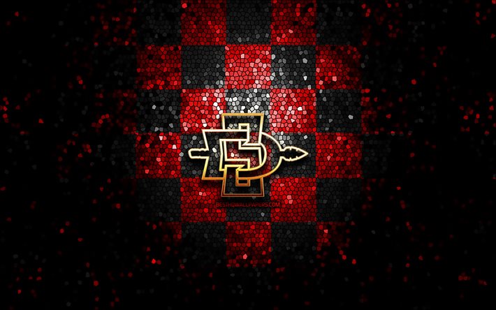 San Diego State Aztekerna, glitter logotyp, NCAA, r&#246;d och svart rutig bakgrund, USA, amerikansk fotboll, San Diego State Aztekerna logotyp, mosaik konst, Amerika