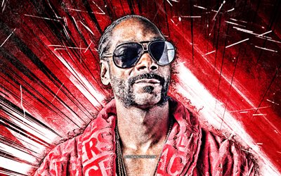 4k, Snoop Dogg, grunge art, american rapper, music stars, Snoop Lion, red abstract rays, american celebrity, creative, Cordozar Calvin Broadus Jr, artwork, Snoop Dogg 4K