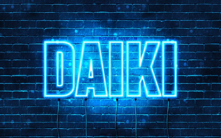 Daiki, 4k, taustakuvia nimet, vaakasuuntainen teksti, Daiki nimi, Hyv&#228;&#228; Syntym&#228;p&#228;iv&#228;&#228; Daiki, suosittu japanilainen mies nimet, blue neon valot, kuva Daiki nimi