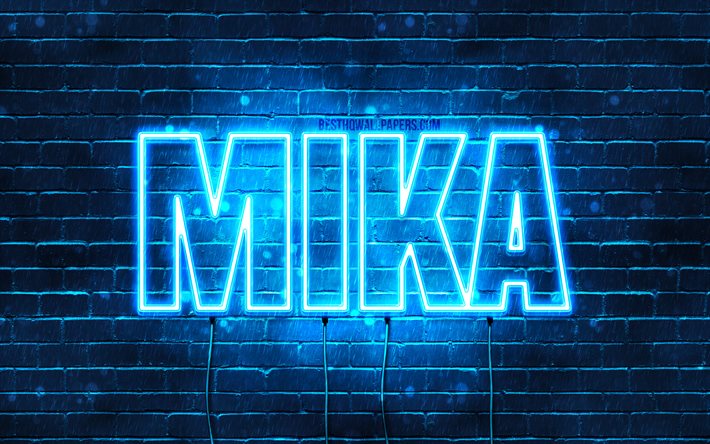 Mika, 4k, taustakuvia nimet, vaakasuuntainen teksti, Mika nimi, Hyv&#228;&#228; Syntym&#228;p&#228;iv&#228;&#228; Mika, suosittu saksalainen uros nimet, blue neon valot, kuva Mika nimi