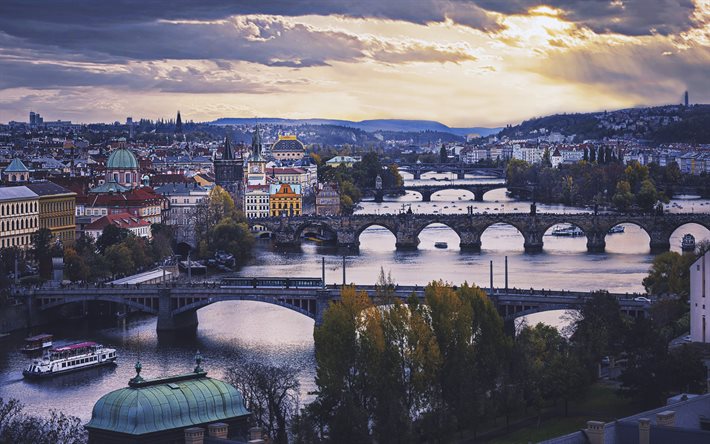 Praga, 4k, tramonto, ponti, skyline, Repubblica ceca, Europa, Praga in serata