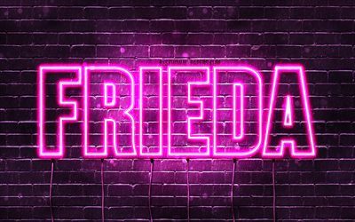 Frieda, 4k, wallpapers with names, female names, Frieda name, purple neon lights, Happy Birthday Frieda, popular german female names, picture with Frieda name
