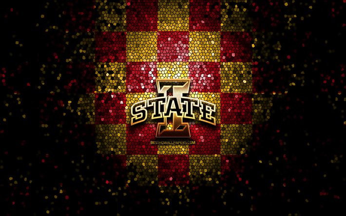 Iowa State Cyclones, glitter logo, NCAA, red yellow checkered background, USA, american football team, Iowa State Cyclones logo, mosaic art, american football, America