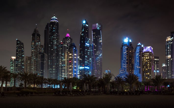 Dubai, UAE, y&#246;, Dubai kaupunkikuva, skyline, moderneja rakennuksia, Yhdistyneet Arabiemiirikunnat