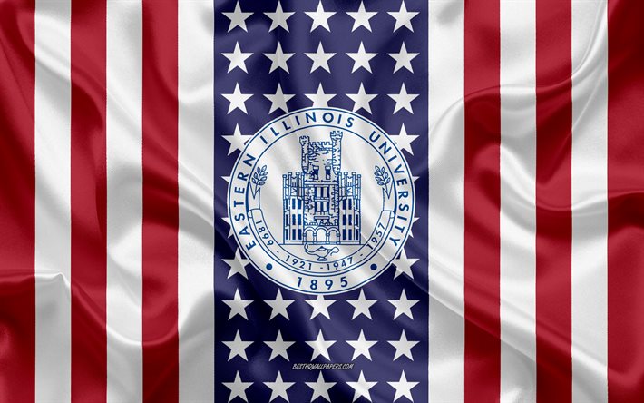 eastern illinois university-emblem, amerikanische flagge, eastern illinois university-logo, charleston, illinois, usa, wahrzeichen der eastern illinois university