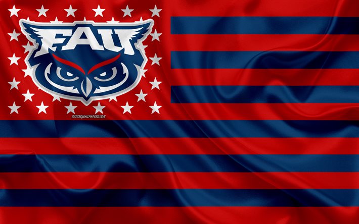 Florida Atlantic Owls, squadra di football Americano, creativo, Americano, bandiera, rosso bandiera blu, NCAA, Boca Raton, Florida, USA, Florida Atlantic Owls logo, stemma, bandiera di seta, il football Americano