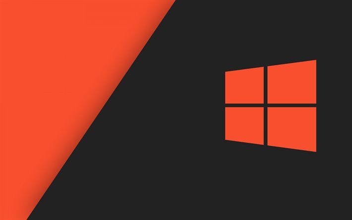 Windows 10 logo, Windows logosu turuncu, siyah turuncu soyut arka plan, malzeme tasarım, Windows