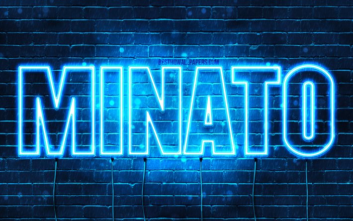 Minato, 4k, pap&#233;is de parede com os nomes de, texto horizontal, Minato nome, Feliz Anivers&#225;rio Minato, popular japon&#234;s nomes masculinos, luzes de neon azuis, imagem com nome de Minato