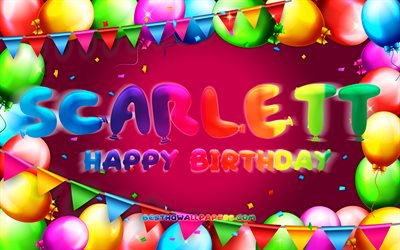 Happy Birthday Scarlett, 4k, colorful balloon frame, Scarlett name, purple background, Scarlett Happy Birthday, Scarlett Birthday, popular american female names, Birthday concept, Scarlett