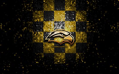 Southern Miss Golden Eagles, glitter logo, NCAA, sarı siyah damalı arka plan, ABD, Amerikan futbol takımı, Southern Miss Golden Eagles logo, mozaik sanatı, Amerikan Futbolu, Amerika