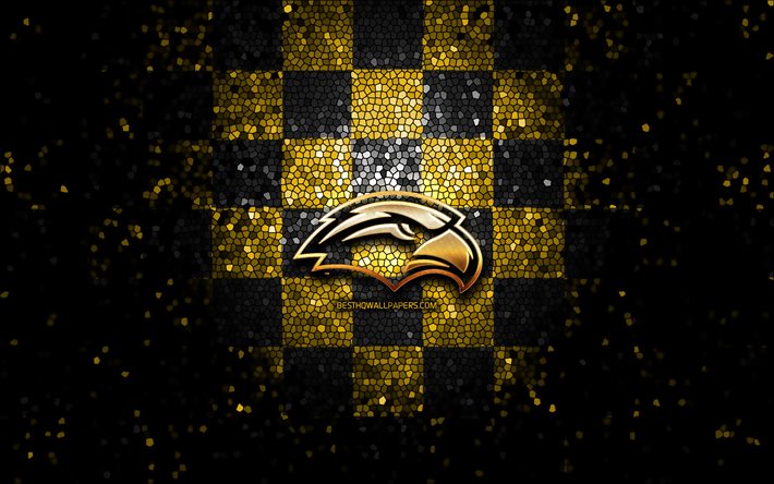 Southern Miss Golden Eagles, glitter logo, NCAA, yellow black checkered background, USA, american football team, Southern Miss Golden Eagles logo, mosaic art, american football, America