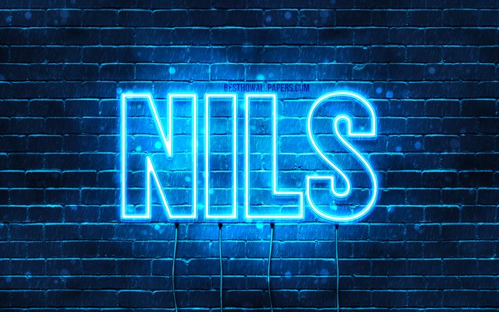 Nils, 4k, taustakuvia nimet, vaakasuuntainen teksti, Nils nimi, Hyv&#228;&#228; Syntym&#228;p&#228;iv&#228;&#228; Nils, suosittu saksalainen uros nimet, blue neon valot, kuva Nils nimi
