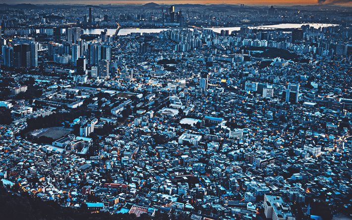 4k, Seul, p&#244;r do sol, horizonte paisagens de cidade, megapolis, Coreia Do Sul, &#193;sia, noturnas, em noite