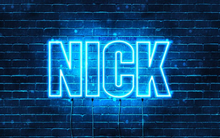 Nick, 4k, fondos de pantalla con los nombres, el texto horizontal, nombre, Feliz Cumplea&#241;os Nick, popular alem&#225;n macho de nombres, luces azules de ne&#243;n, foto con Nick el nombre de