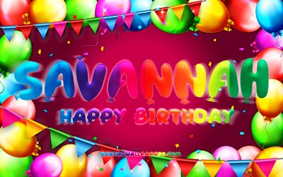 お誕生日おめでサバンナ, 4k, カラフルバルーンフレーム, サバンナの名前, 紫色の背景, サバンナのお誕生日おめで, サバンナの誕生日, 人気のアメリカ女性の名前, 誕生日プ, サバンナ