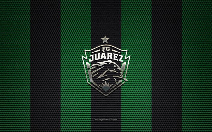 FC Juarez logo, Mexican football club, metal emblem, green black metal mesh background, FC Juarez, Liga MX, Ciudad Juarez, Mexico, football