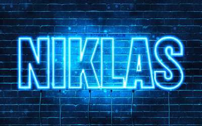 Niklas, 4k, wallpapers with names, horizontal text, Niklas name, Happy Birthday Niklas, popular german male names, blue neon lights, picture with Niklas name