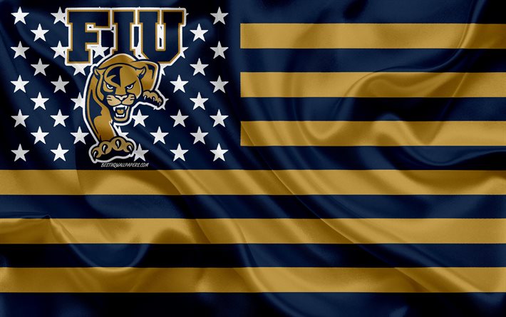 FIU Panter, Amerikan futbol takımı, yaratıcı Amerikan bayrağı, mavi altın bayrak, NCAA, Miami, Florida, USA, FIU Panthers logo, amblem, ipek bayrak, Amerikan Futbolu, Florida Uluslararası &#220;niversitesi