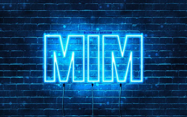 MIM, 4k, 名前の壁紙, ミム名, 青いネオンライト, 誕生日おめでとう, 人気のあるアラビア語の男性の名前, ミムの名前の写真