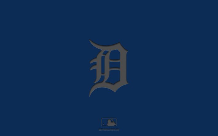 Detroit Tigers, fundo azul, time de beisebol americano, emblema dos Detroit Tigers, MLB, Michigan, EUA, beisebol, logotipo dos Detroit Tigers
