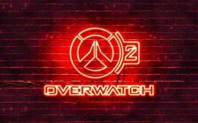 Overwatch red logo, 4k, red brickwall, artwork, Overwatch logo, online games, Overwatch neon logo, Overwatch