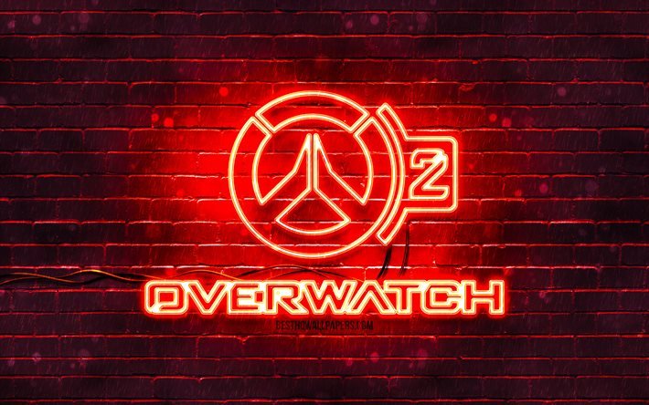 Overwatch logo rouge, 4k, mur de briques rouges, œuvres d&#39;art, logo Overwatch, jeux en ligne, logo n&#233;on Overwatch, Overwatch