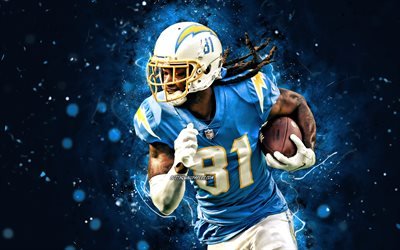 Mike Williams, 4k, NFL, wide receiver, Los Angeles Chargers, football americano, LA Chargers, luci al neon blu, Mike Williams LA Chargers, Mike Williams 4K
